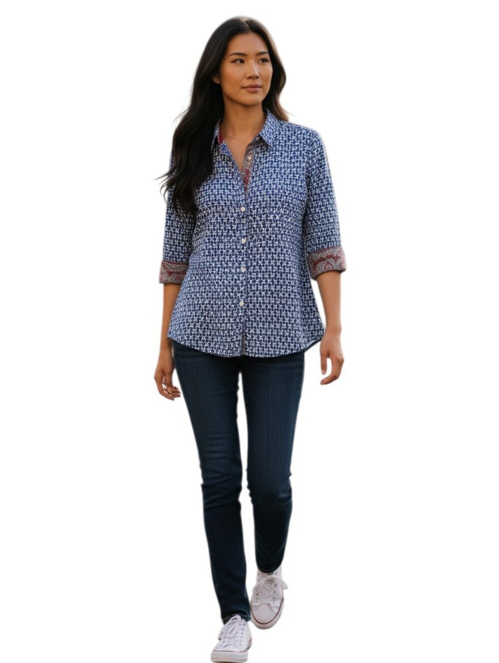 Foxcroft Button Front Paisley Cuff Career Blouse Blue Office Shirt Size 14P